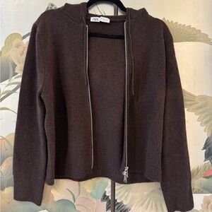 Zara Brown Double Zip-Up Knit Hoodie - Small